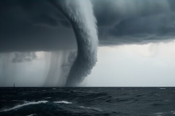 Intense waterspout ascending above ocean amidst natural forces. Generative AI - obrazy, fototapety, plakaty