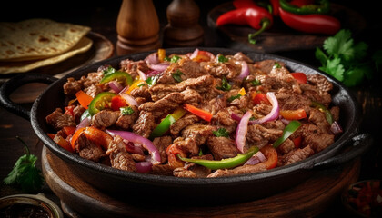 Fototapeta premium A delicious homemade beef stew with grilled vegetables and spicy sauce generated by AI