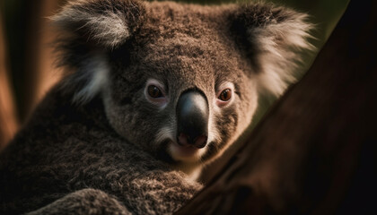Obraz premium Cute koala, marsupial mammal, looking at camera, sitting on branch generated by AI