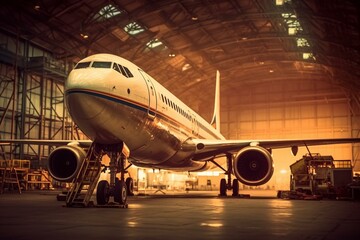Maintenance of aircraft engine and fuselage at airport hangar. Generative AI