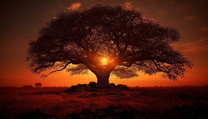 Sunset silhouette  nature beauty in tranquil dusk, backlit meadow, orange horizon generated by AI