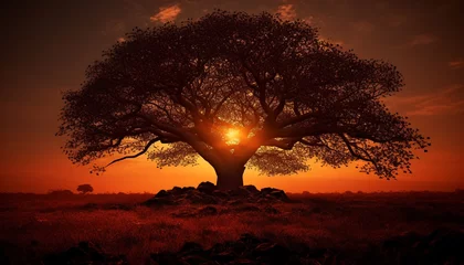 Fotobehang Sunset silhouette  nature beauty in tranquil dusk, backlit meadow, orange horizon generated by AI © djvstock