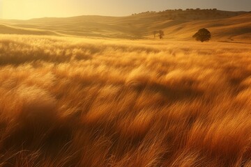 vast grassy landscapes in a radiant golden hue. Generative AI