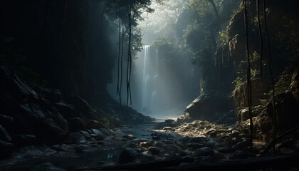 Tranquil scene  mysterious forest, wet rocks, fog, and flowing water generated by AI