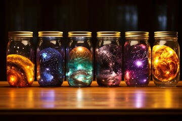 High-resolution mason jars featuring intricate etched designs of galaxies, stars, and planets. Generative AI - obrazy, fototapety, plakaty