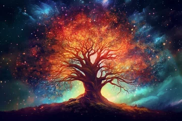 Foto op Canvas Enormous magical tree surrounded by vibrant colors, adorned with stars against a cosmic backdrop. Generative AI © Jeff