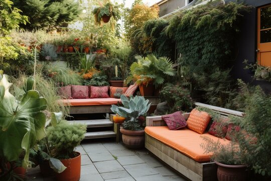 An inviting and refreshing outdoor space adorned with vibrant plants, cozy seating, and vibrant fabrics. Generative AI