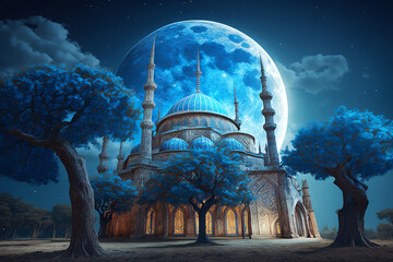 the moon is shining over a mosque in the night - obrazy, fototapety, plakaty
