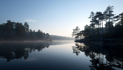 Tranquil scene  sunset reflects on water, silhouettes of trees generated by AI