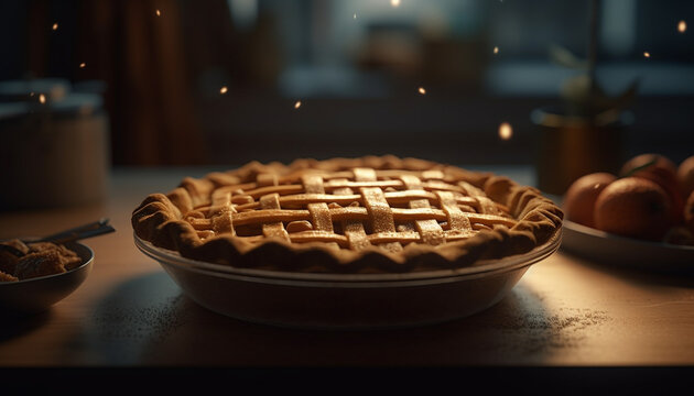 Homemade sweet pie on rustic wood table, baked with love generated by AI