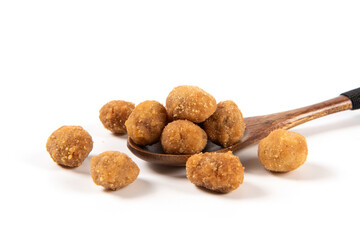 flavored peanuts isolated on white background.Crunchy Peanut in a plate.