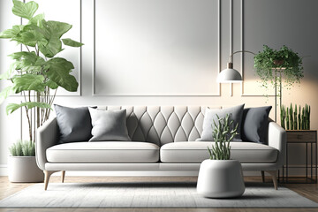 Living room modern interior with white wall sofa, interior scene and mockup. Generative AI