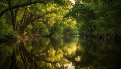 Tranquil scene of a vibrant forest reflecting in a peaceful pond generated by AI