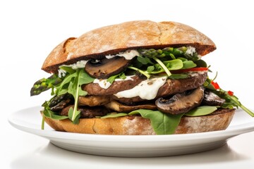 Gourmet Vegetarian Burger: Featuring a Flavorful Portobello Mushroom Cap, Herbed Cream Cheese, Grilled Asparagus, and Fresh Baby Spinach on a Wholesome Whole-Grain Ciabatta Roll, White Background