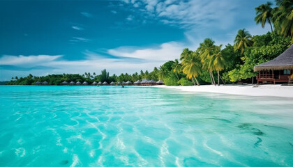 Fototapeta premium Idyllic tropical coastline, palm tree bungalow, tranquil turquoise water generated by AI