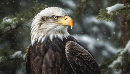 Obraz premium Majestic bird perching on branch, nature beauty in tranquil forest generated by AI