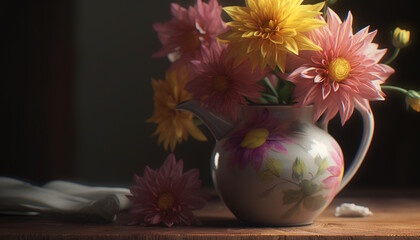 Vase holds bouquet of flowers, nature beauty in rustic composition generated by AI