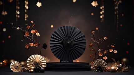 Luxury Chinese black gold marble product podium mockup on the glitter background AI Generative