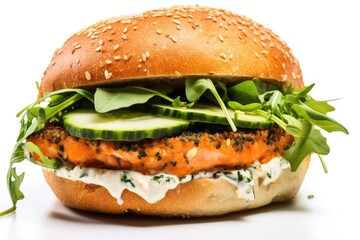 Close-Up of The Gourmet Experience Burger: Featuring a Succulent Salmon Patty, Lemon-Dill Mayo, Crisp Cucumber Slices, and Fresh Watercress on a Whole Wheat Roll, Isolated on a White Background