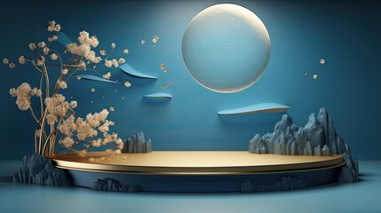 Luxury Chinese blue gold marble product podium mockup on the glitter background AI Generative