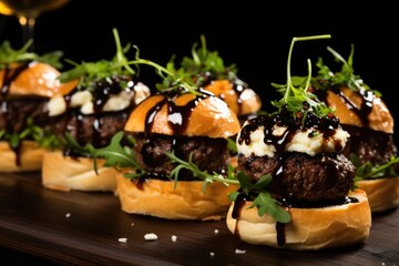 Burger: Mini Angus Beef Sliders with Creamy Goat Cheese, Fresh Arugula, and Balsamic Glaze, All Nestled on Toasted Brioche Buns, Set in Pristine Isolation on a black Background