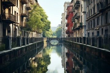 Canal in Milan, Lombardy, Italy. Generative AI