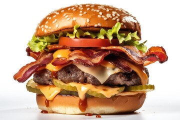 Burger Stacked with Double Angus Beef Patties, Aged Cheddar Cheese, Crispy Bacon, Caramelized Onions, Lettuce, and Special Sauce, All on a Pretzel Bun, Isolated on a White Background