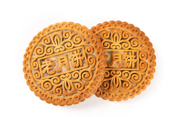 Chinese mid autumn festival moon cake isolated on white background.(the Chinese characters“月饼” means moon cake)