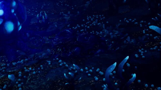 blue alien environment with moving alien plants, 3D animation, animated scene, camera rotate