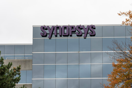 Synopsys logo sign on the office building in Ottawa, Ontario, Canada, October 16, 2023. Synopsys is an American electronic design automation (EDA) company. 