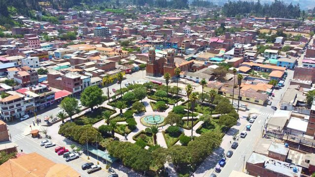Carhuaz City main square in Huaraz region small city in the Peruvian Andes avalanche survival Yungay