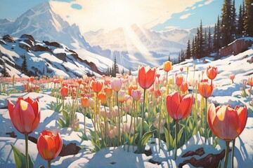 a painting of tulips in the snow with a mountain, sunbeam, and snow on a sunny day. Generative AI - obrazy, fototapety, plakaty
