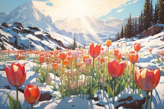 a painting of tulips in the snow with a mountain, sunbeam, and snow on a sunny day. Generative AI