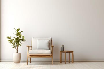 Minimalistic space furnished with chair. Clean aesthetic inspired by Scandinavian design. Generative AI