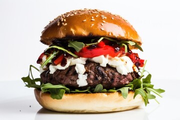 The Gourmet Experience Burger: Wagyu Beef, Creamy Goat Cheese, Roasted Red Peppers, Fresh Arugula, and Balsamic Glaze, Captured in an Extreme Close-Up, Isolated on a Crisp White Background