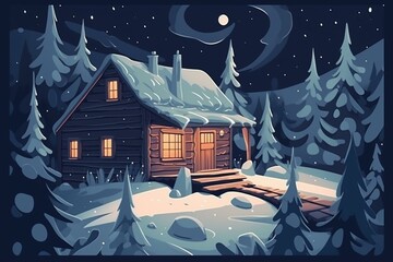 Nighttime snowy log cabin in forest, cozy and festive. Perfect holiday getaway. Christmas card illustration. Generative AI