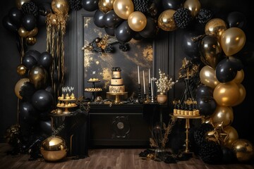 Fototapeta na wymiar Stylish and opulent birthday backdrop in a combination of black and gold. Generative AI