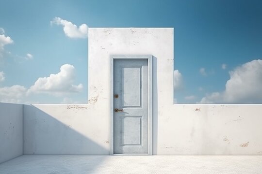 Door revealing blue sky against white wall. Generative AI