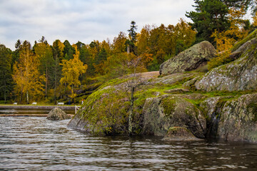 Landscape of the Mon Repos natural rock park in Vyborg in autumn