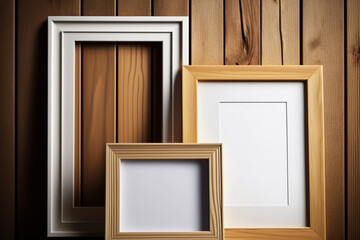 mockup of empty wooden photo frames on a wooden wall. Generative AI