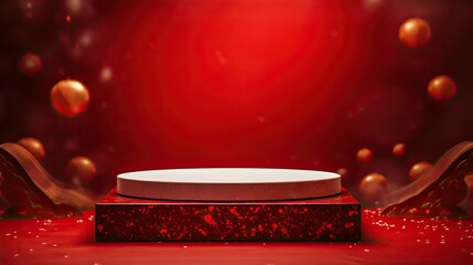 Luxury Chinese red marble product podium mockup on the red glitter background AI Generative