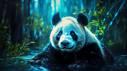 A panda that appears as a hologram with a shimmering background
