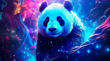 A panda that appears as a hologram with a shimmering background - obrazy, fototapety, plakaty