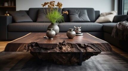 Modern Living Room: Live Edge Wooden Accent Coffee Table Beside Sofa, Close-Up