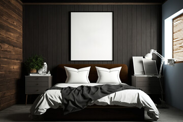 Front view of a bedroom with dark wooden walls, a double bed, and two blank posters to the left., mockup, toned image. Generative AI