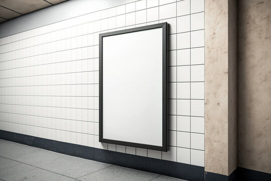 Mockup of a blank information sign in a frame on a white tiled wall. Generative AI