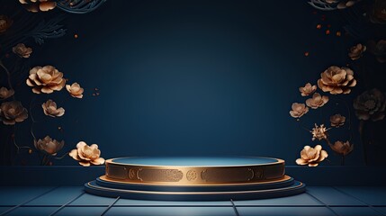 Luxury dark blue gold marble product podium mockup with flower vector on the dark blue background AI Generative