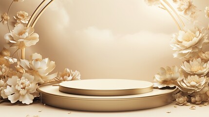 Luxury gold marble product podium mockup with flower and clouds vector on the light gold background AI Generative