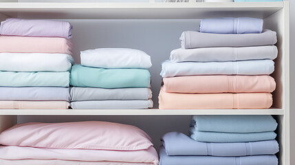 Neatly folded bed linen and towels stacks lie in the open closet shelf. Pastel colors palette, ergonomic storage. 