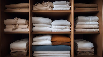 Neatly folded bed linen and towels stacks lie in the open closet shelf. Pastel colors, ergonomic storage. 